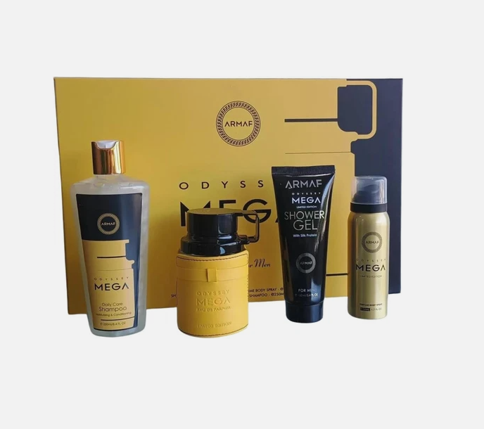 Armaf Odyssey Mega Men’s Fragrance Gift Set – 4-Piece Grooming Collection | Eau de Parfum, Body Spray, Shower Gel & Shampoo