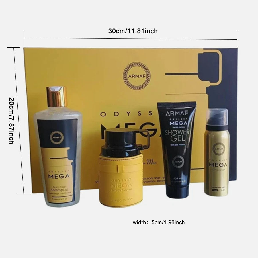 Armaf Odyssey Mega Men’s Fragrance Gift Set – 4-Piece Grooming Collection | Eau de Parfum, Body Spray, Shower Gel & Shampoo