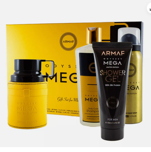 Armaf Odyssey Mega Men’s Fragrance Gift Set – 4-Piece Grooming Collection | Eau de Parfum, Body Spray, Shower Gel & Shampoo